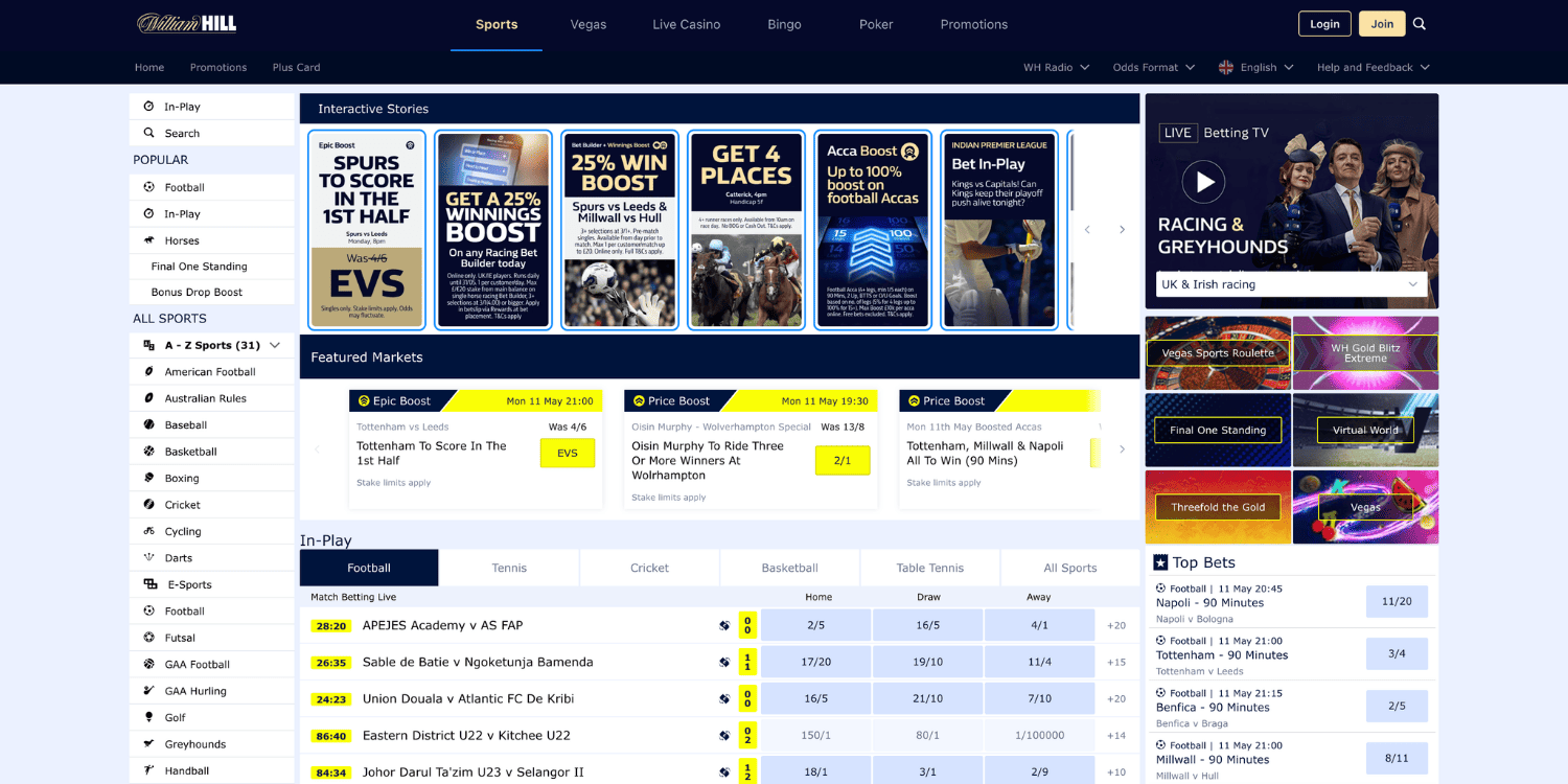 William Hill betting site not on GamStop – sports markets and live betting interface